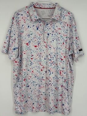 Obla Mens Large Performance Golf Polo Shirt White with Blue Red Splatter Print